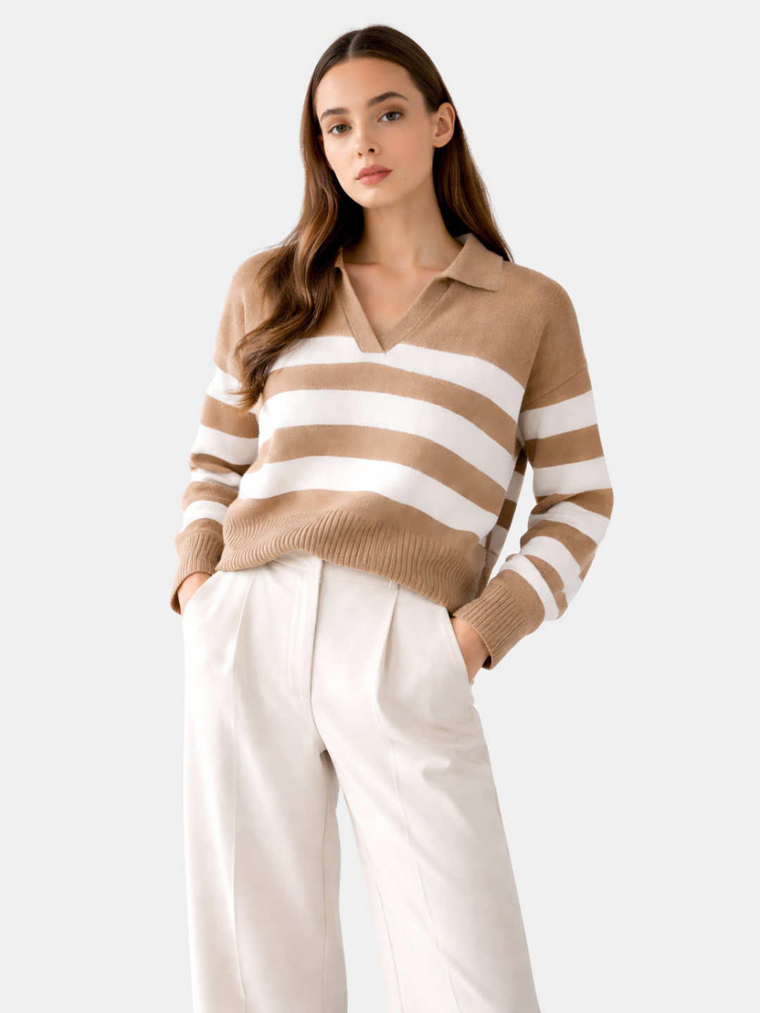 Striped polo knit pullover