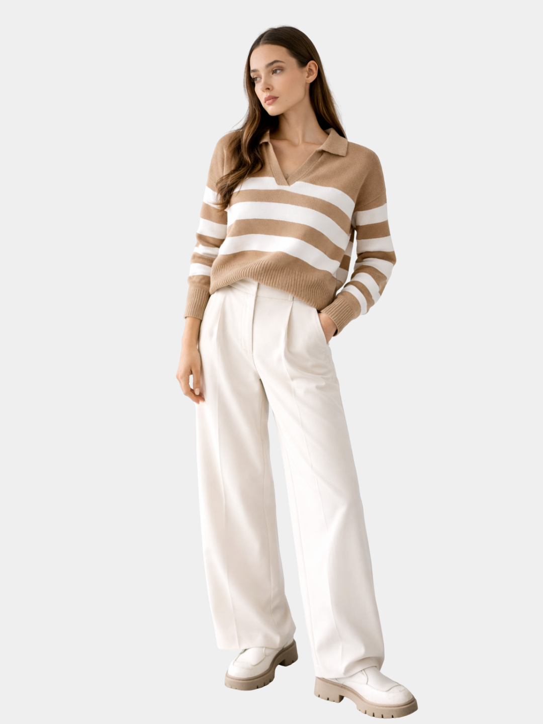 Striped polo knit pullover